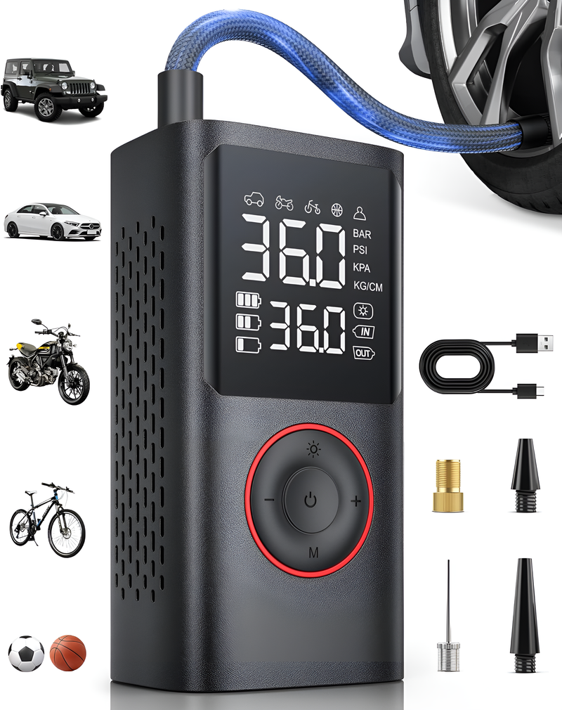Portable Tire Inflator, 150 PSI Cordless Air Pump for Car, Bike, Motorcycle, Balls – Rechargeable Mini Compressor with LED Light & Pressure Gauge (Black)